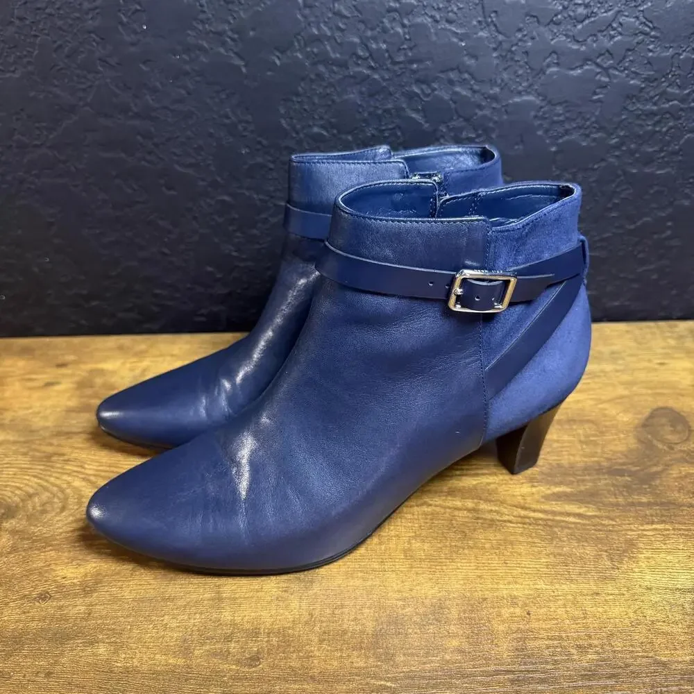 Cole Haan Navy Blue Leather‎ Suede Buckle Ankle Boots Womens 6.5B